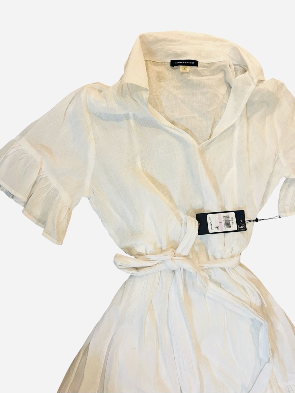Lightweight White Gauze Dress with Tie Waist - Picture 2 of 7